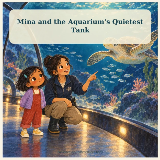 Mina and the Aquarium's Quietest Tank cover: Mina and Jo watching sea life in a blue aquarium tunnel